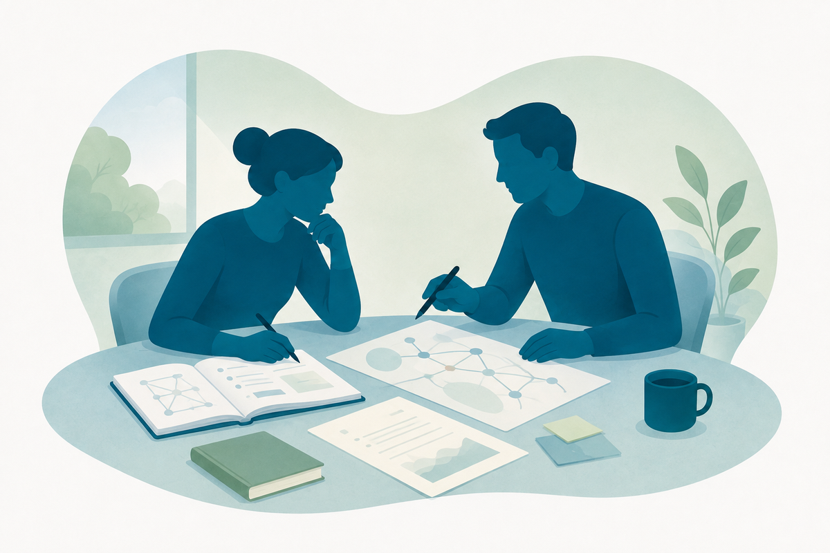 Wide illustration of two people reviewing research notes and a concept map in the How Intelligence Works visual style.