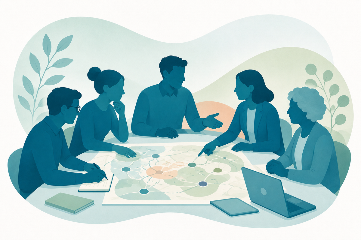 Wide illustration of collaborators reviewing a shared task and conditions map in the How Intelligence Works visual style.