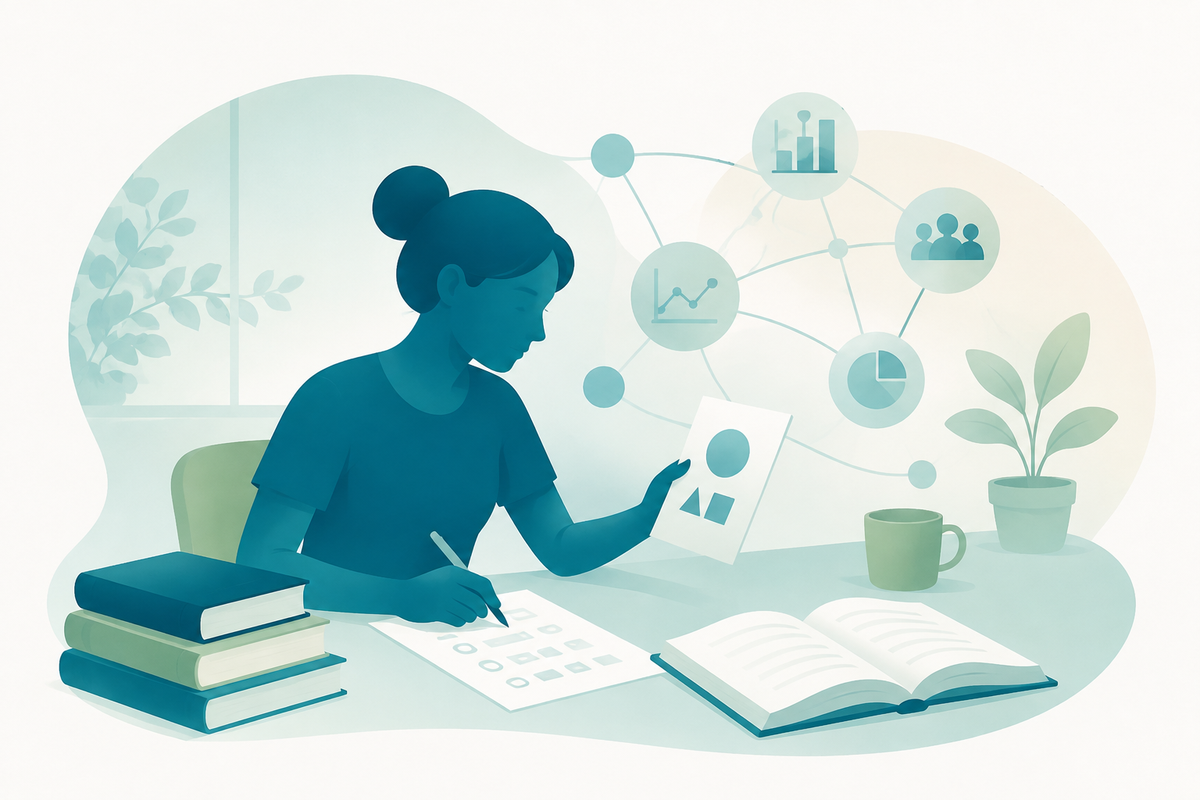 Wide illustration of intelligence research materials, evidence maps, books, and cognitive assessment in the How Intelligence Works visual style.